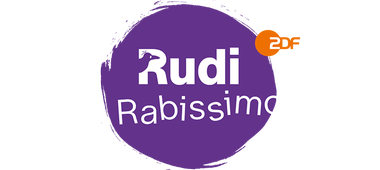 Weißer Rudi Rabissimo Schriftzug auf violettem Hintergrund