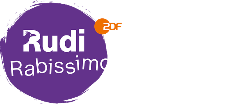 Weißer Rudi Rabissimo Schriftzug auf violettem Hintergrund