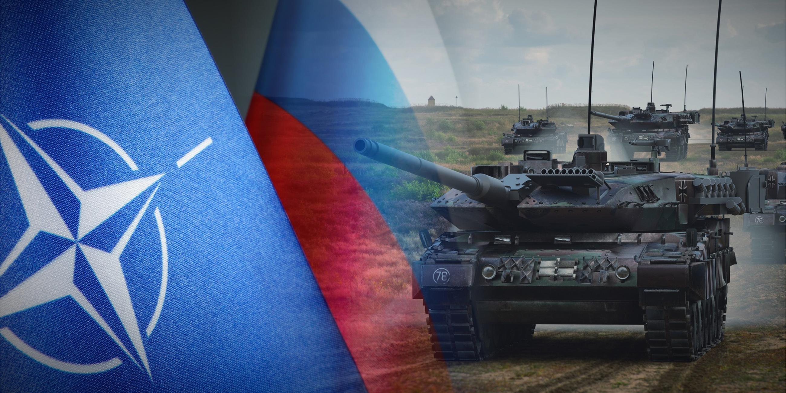  Montage: Links die Natoflagge neben der russischen Flagge. Rechts eine Gruppe deutscher Leopard II Panzer im Gelände