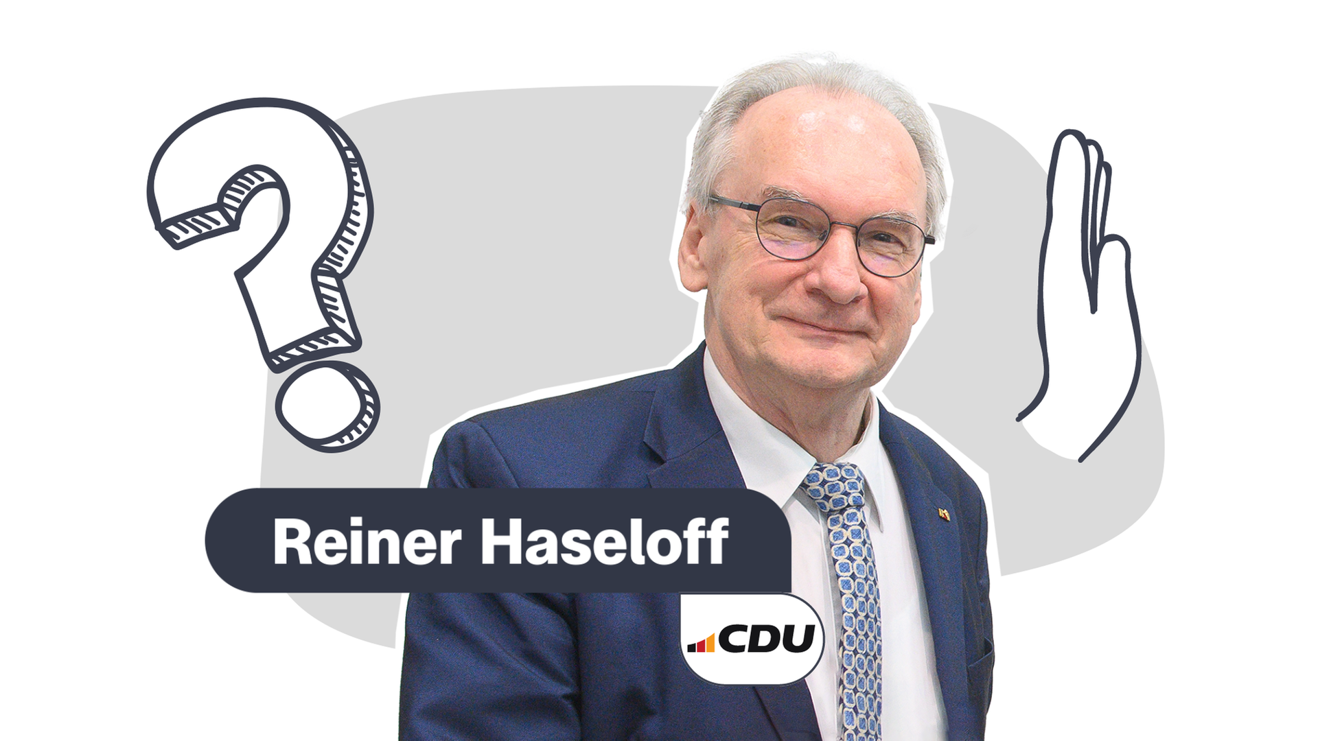 Grafik: Portrait Reiner Haseloff mit Insert, daneben eine ablehnende Hand und Fragezeichen