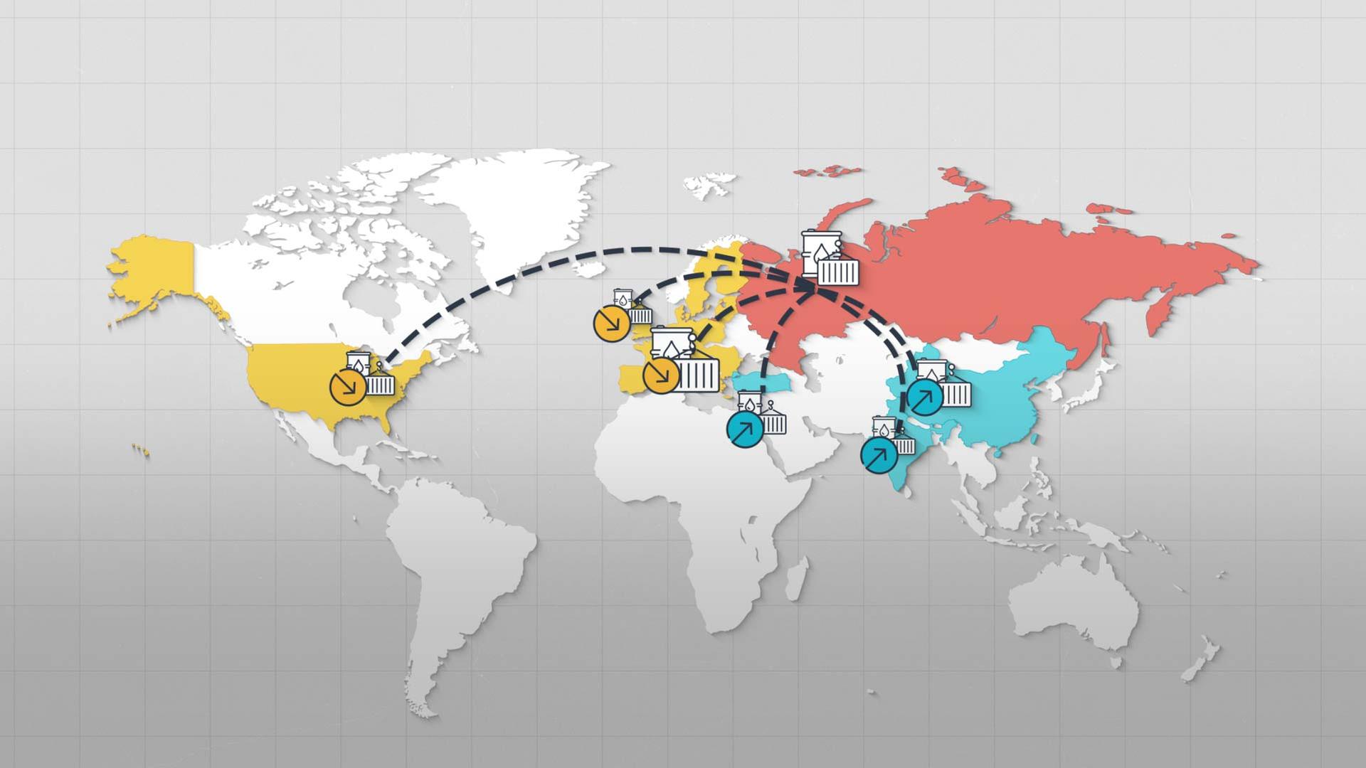World map showing Russia's trade routes to the West and Asia