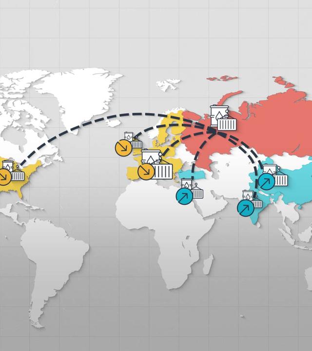 Weltkarte mit den Handelsrouten Russlands in den Westen und nach Asien