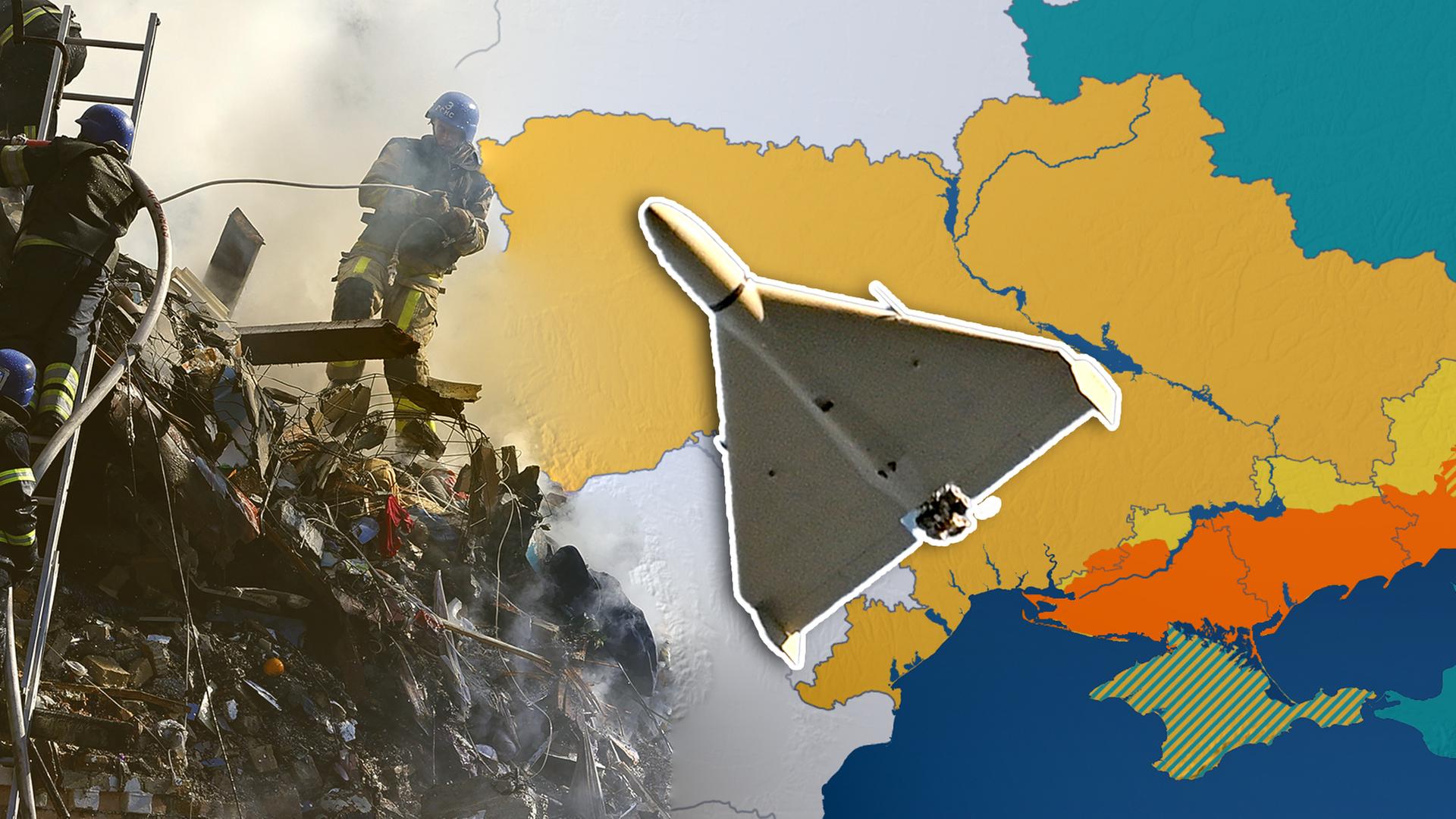 Links: zerstörte Gebäude in Ukraine, Feuerwehrkräfte räumen auf. Rechts: Karte der Kriegsfront. Mittig: Kriegsdrohne.