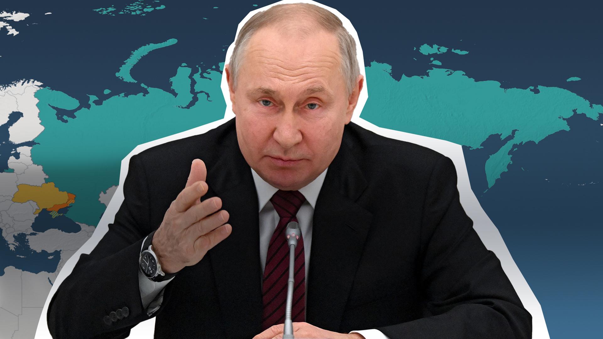 Putin hinter einem Mikrofon, im Hintergrund die russische Landkarte