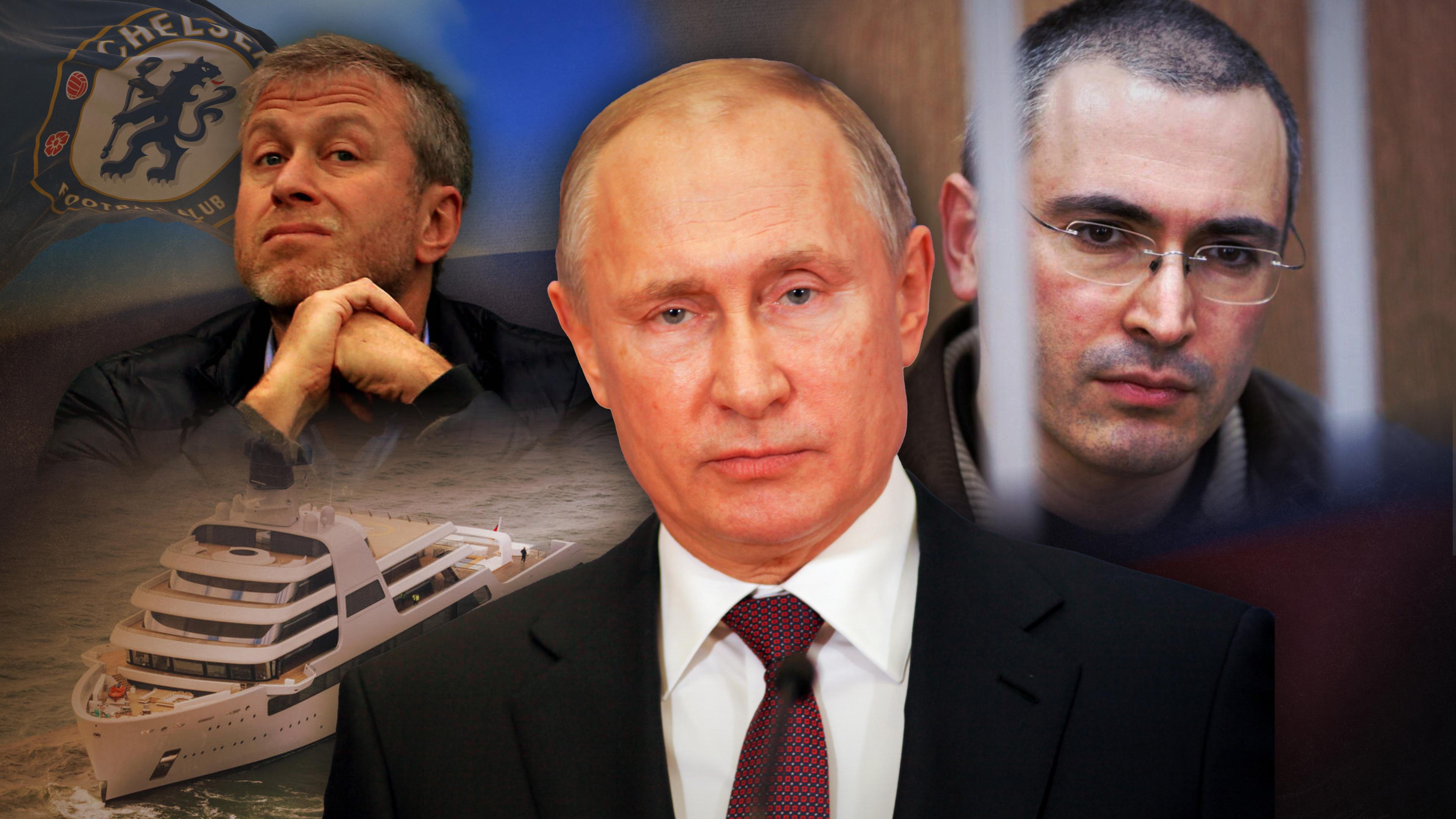 Montage: Zentral im Bild Russlands Präsident Putin. Links und rechts dahinter die russischen Oligarchen Abramowitsch (nachdenklich) und Chodorkowski (hinter Gittern); links im Hintergrund zudem eine Luxusjacht und die Flagge des FC Chelsea.