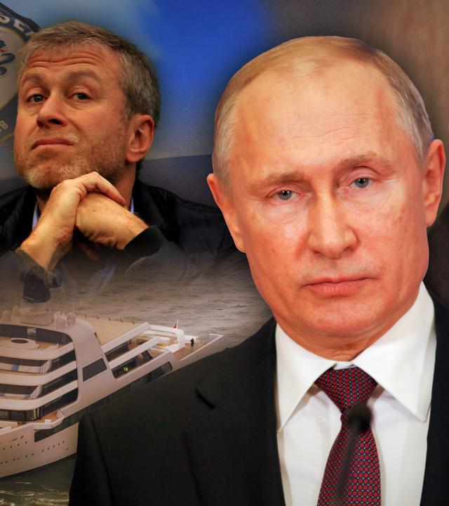 Montage: Zentral im Bild Russlands Präsident Putin. Links und rechts dahinter die russischen Oligarchen Abramowitsch (nachdenklich) und Chodorkowski (hinter Gittern); links im Hintergrund zudem eine Luxusjacht und die Flagge des FC Chelsea.