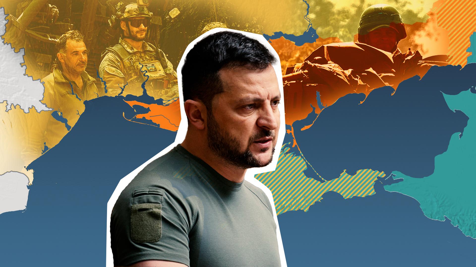 Der ukrainische Präsident Wolodymyr Selenskyj vor einer Karte seines Landes