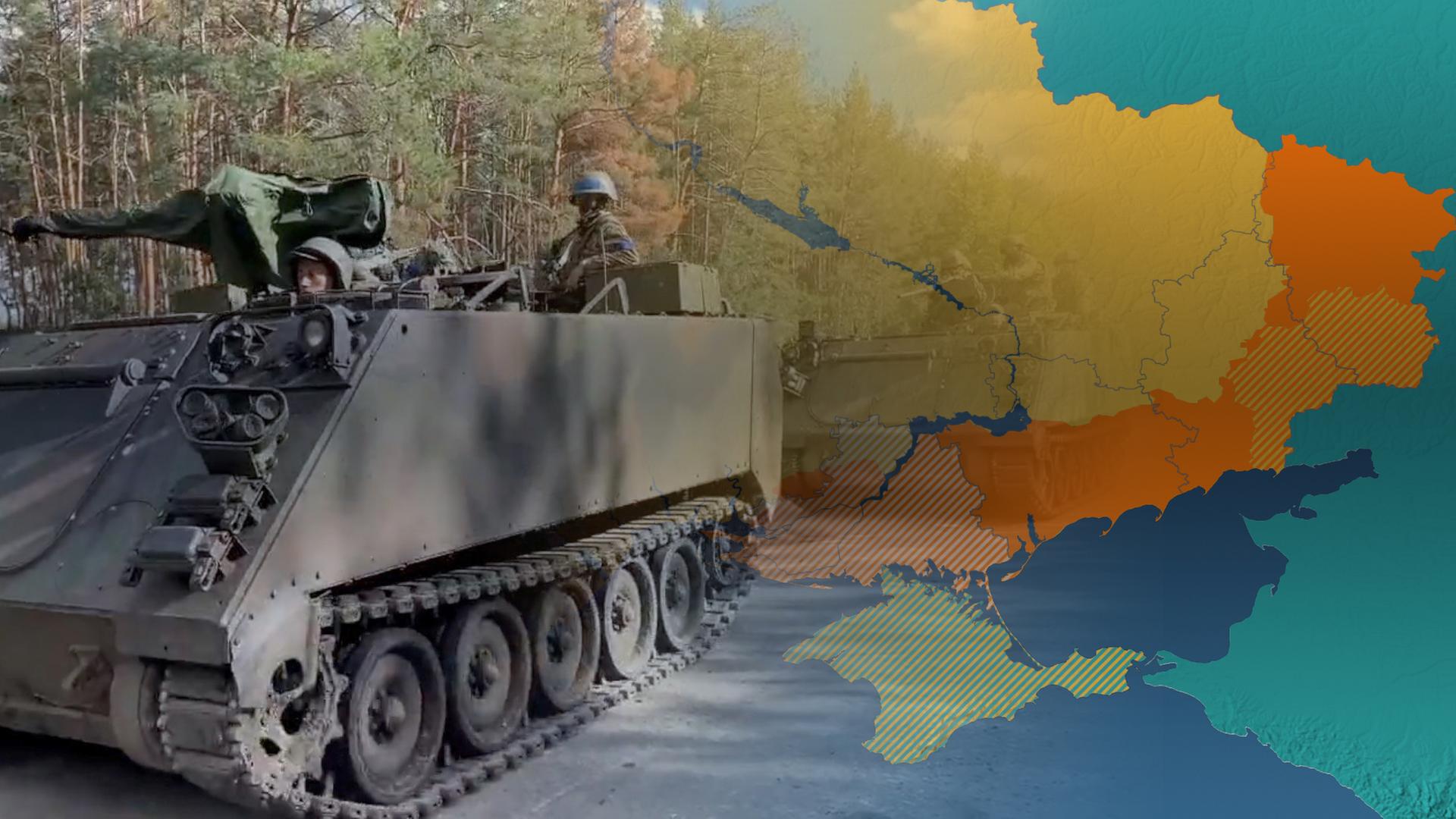 Eine Collage aus einer orange-gelben Landkarte, auf der die Ukraine zusehen ist, und einem ukrainischen Panzer.