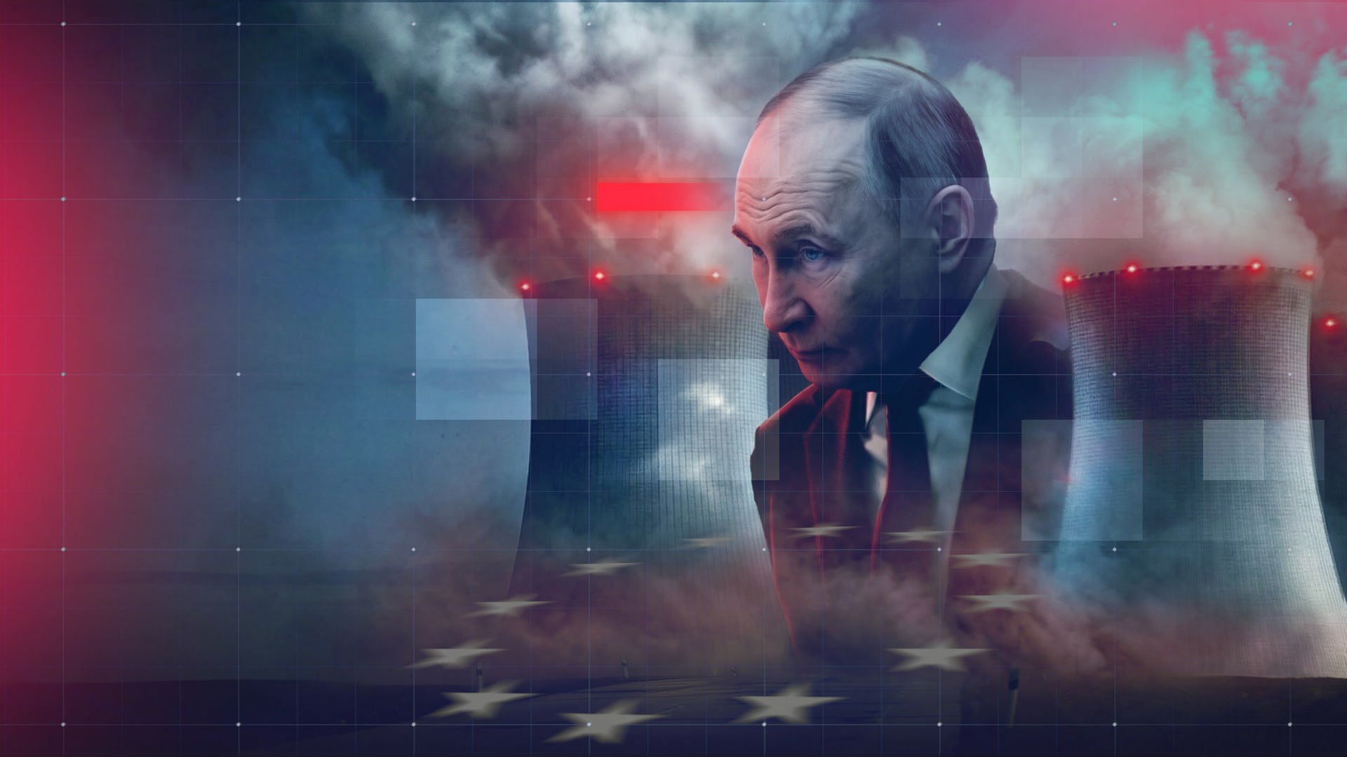 Montage: Putin inmitten von Akw-Kühltürmen schaut bedrohlich auf Sternenkreis (Symbol für Europa) 