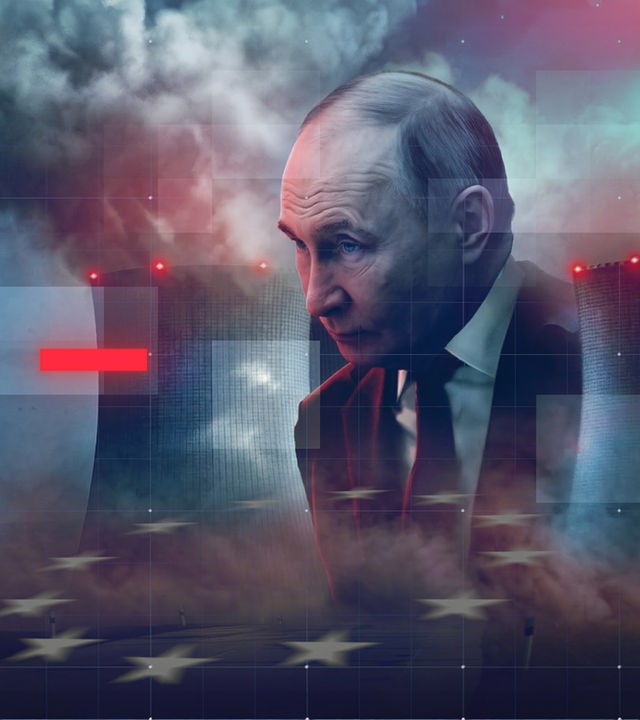 Montage: Putin inmitten von Akw-Kühltürmen schaut bedrohlich auf Sternenkreis (Symbol für Europa) 