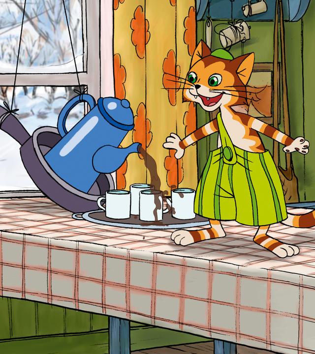 Die Nachbarin, eine alte Dame, sitzt begeistert auf einem Stuhl am Küchentisch. Findus steht lachend auf der karierten Tischdecke. Neben ihm ist mit Hilfe von Fäden eine Kaffeeausschankmaschine konstruiert, die gerade etwas unsauber Kaffee in Tassen auf einem Tablett schüttet.