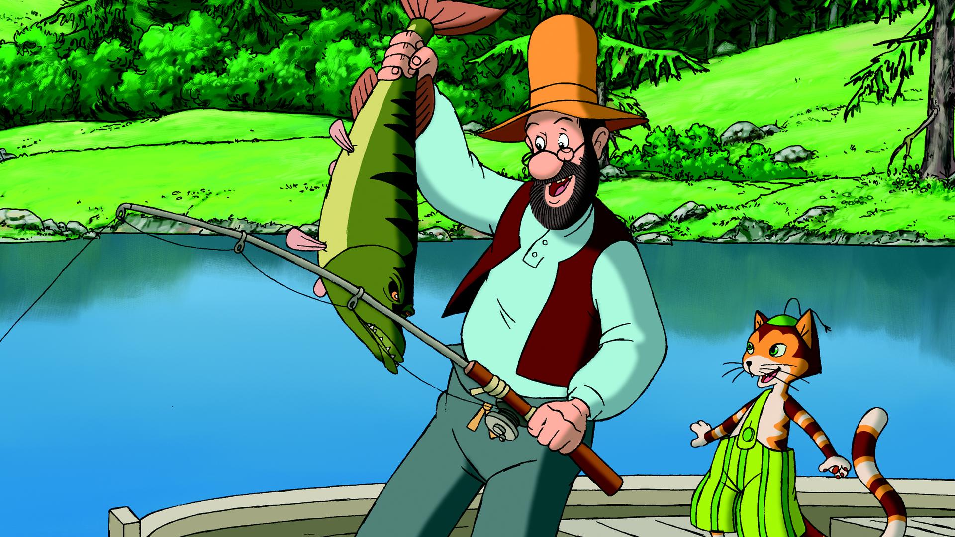 Pettersson und Findus stehen in ihrem Ruderboot auf dem See. Beide lachen erfreut. Pettersson, die Angel noch in der Linken, hält einen riesigen Hecht in seiner rechten Hand.