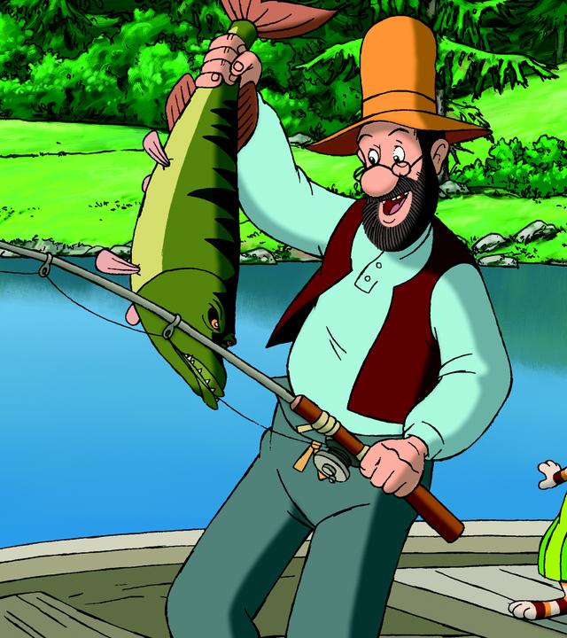 Pettersson und Findus stehen in ihrem Ruderboot auf dem See. Beide lachen erfreut. Pettersson, die Angel noch in der Linken, hält einen riesigen Hecht in seiner rechten Hand.