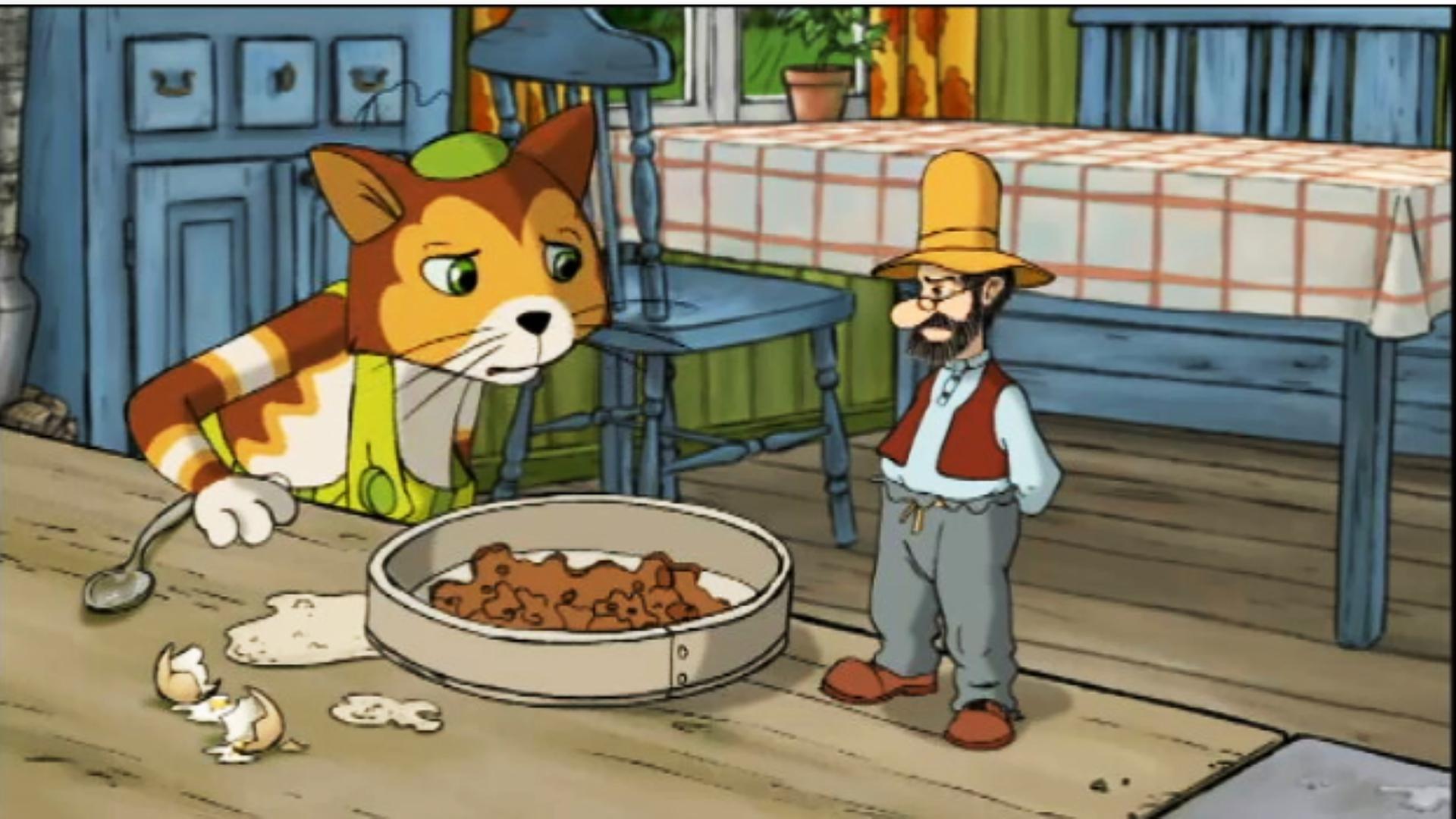 Findus hat die Größe von Pettersson angenommen und beugt sich am Tisch über eine Kuchenform mit Teig. Auf dem Tisch daneben steht Pettersson, der so klein wie Findus ist.