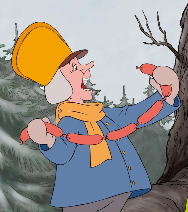 Auf der linken Seite steht ein Briefträger mit großer Mütze im verschneiten Wald. Er hat den Mund weit aufgerissen und hält eine Würstchenkette in den Händen. Findus steht ihm fröhlich gegenüber. Er hält weitere Würstchen im Arm.