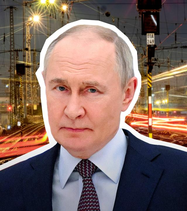 Putin ist auf einem Bild mit Bahngleisen eingefügt.. Ein Fadenkreuz rahmt das Bild ein. 