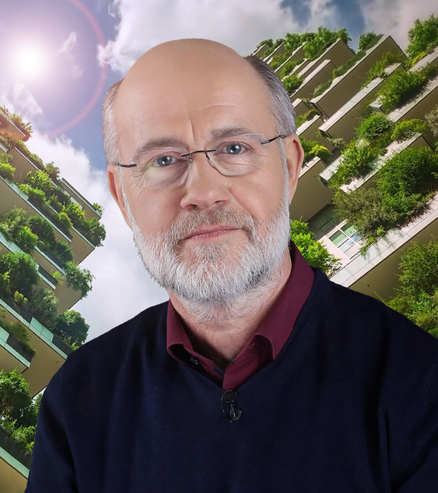 Montage: Professor Harald Lesch vor Häusern mit hängenden Gärten