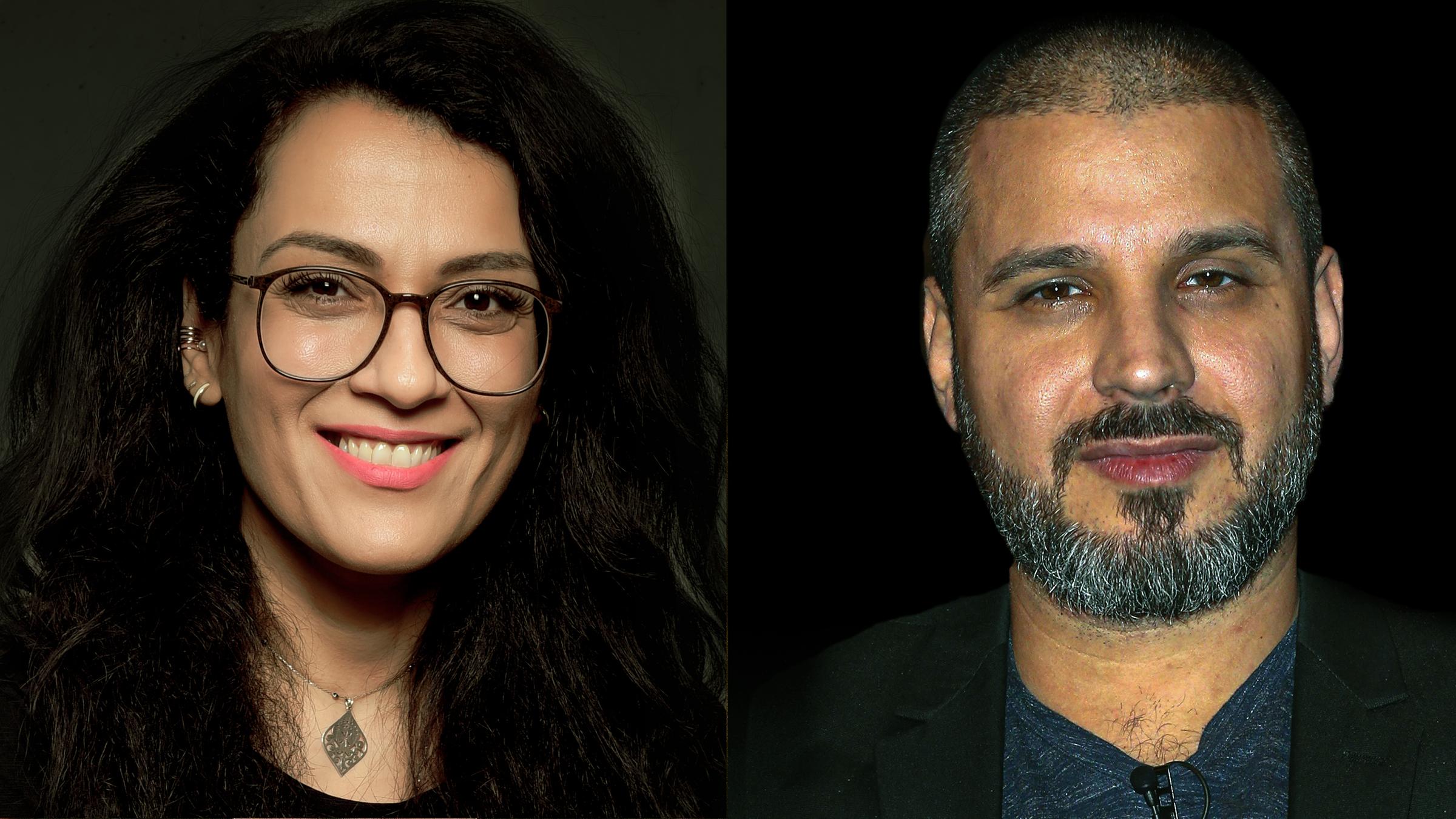 Zwei nebeneinander montierte Porträtfotos von einer Frau mit langen gelockten Haaren und einem Mann mit Bart.