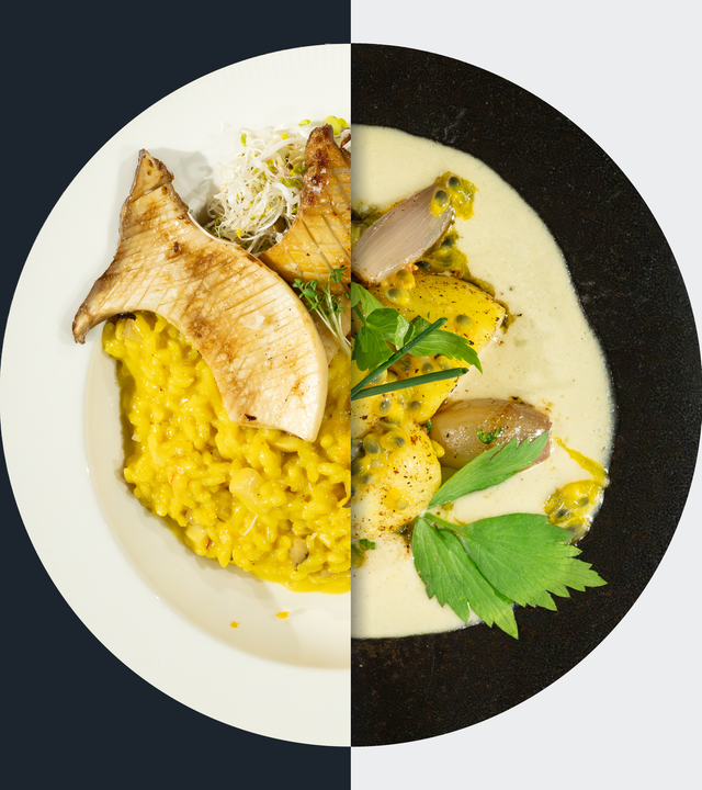 Safran-Risotto vs. Im Salzmantel gegarte Schalotten