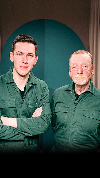 Hartmut Nölling, Obdachloser; Nicklas Spelmeyer, Millionär. Close. 