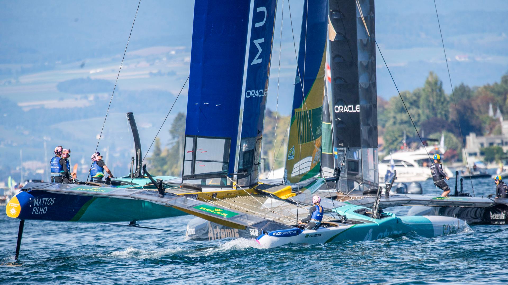 Die Teams nehmen beim SailGP am Genfer See eine Linkskurve