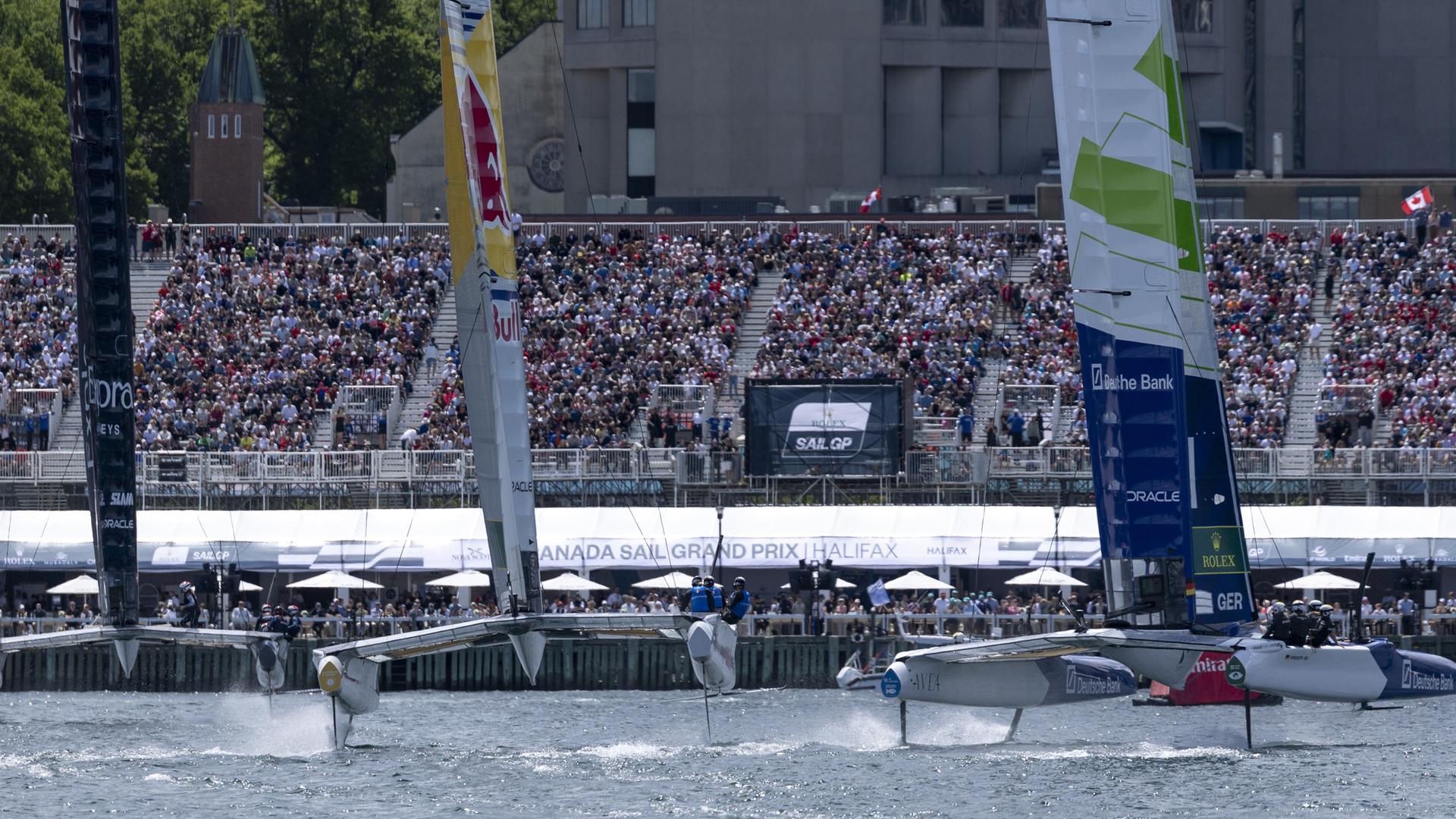 Beim SailGP in Halifax sind die Katamarane der deutschen, italienischen und neuseeländischen Nationalteams zu sehen