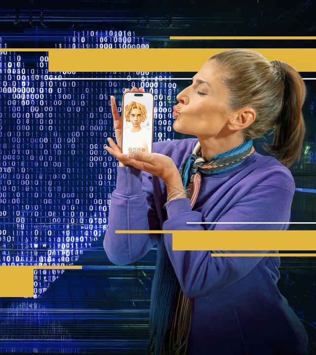 Katty Salié küsst ihr Handy, im Hintergrund eine Herz aus Einsen und Nullen.