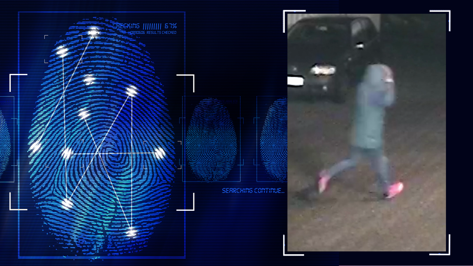 Das Bild einer Überwachungskamera zeigt einen Hinterhof bei Nacht. Eine Person mit grüner Kaputzenjacke und rosa Schuhen läuft schnell von links nacht rechts. Links daneben: Lichtschematische Darstellung eines Fingerabdrucks.