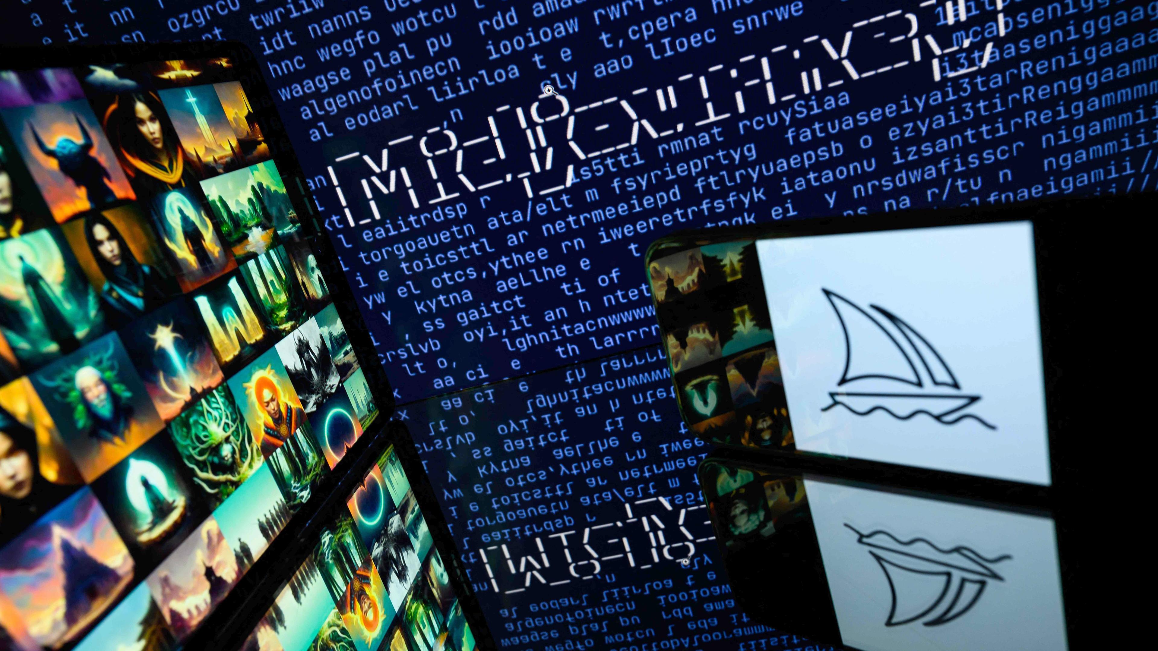 Bildschirme mit dem Logo von Midjourney, einer Anwendung für künstliche Intelligenz, aufgenommen am 26.04.2023 Toulouse