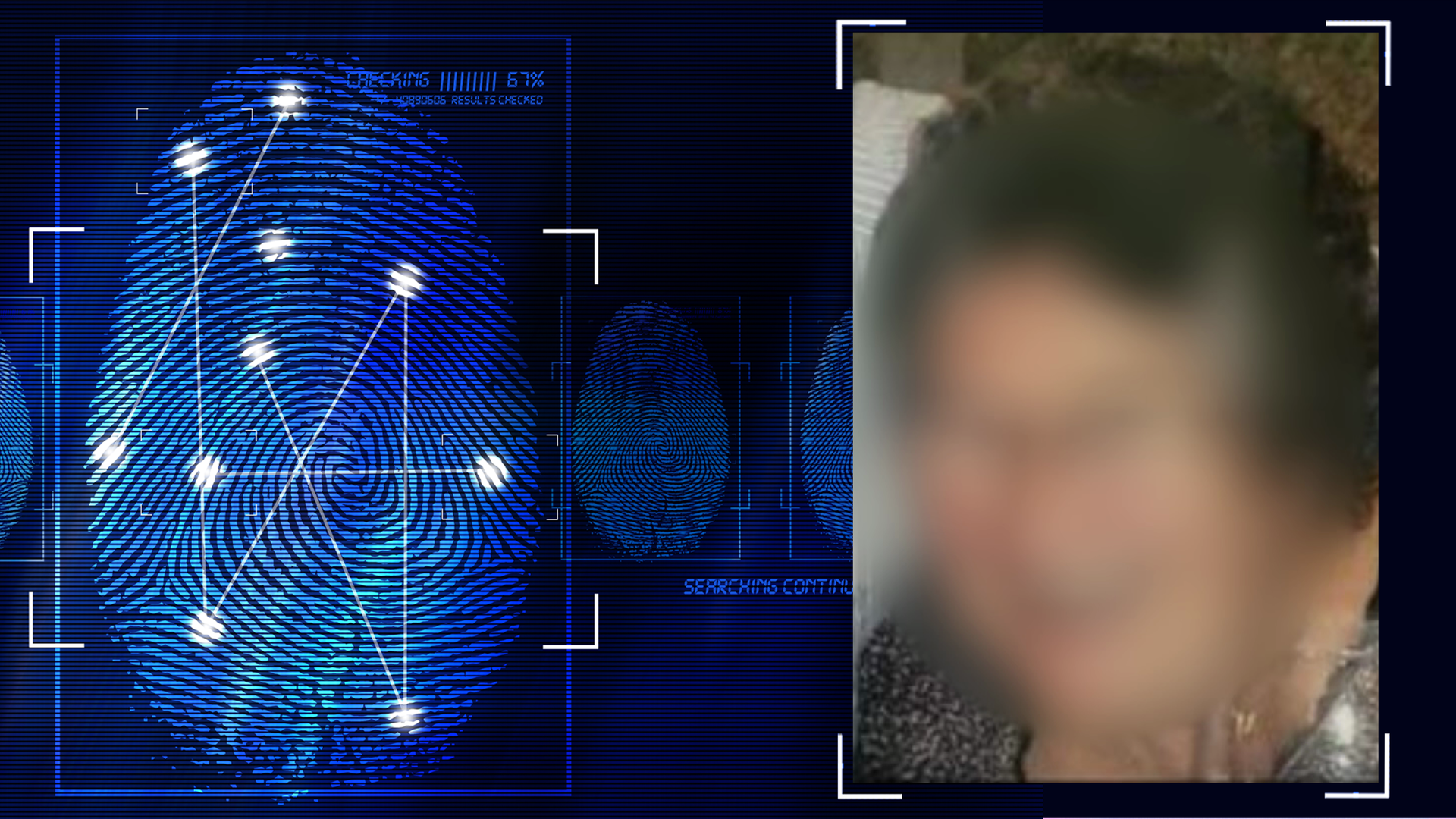 Portraitfoto des Opfers, einer Frau im Rentenalter. Das Gesicht wurde technisch verfremdet. Links daneben: Lichtschematische Darstellung eines Fingerabdrucks.