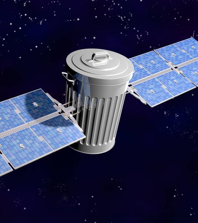 Illustration eines Satelliten-Mülleimers im Weltall