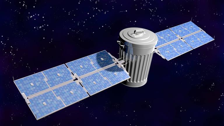 Illustration eines Satelliten-Mülleimers im Weltall