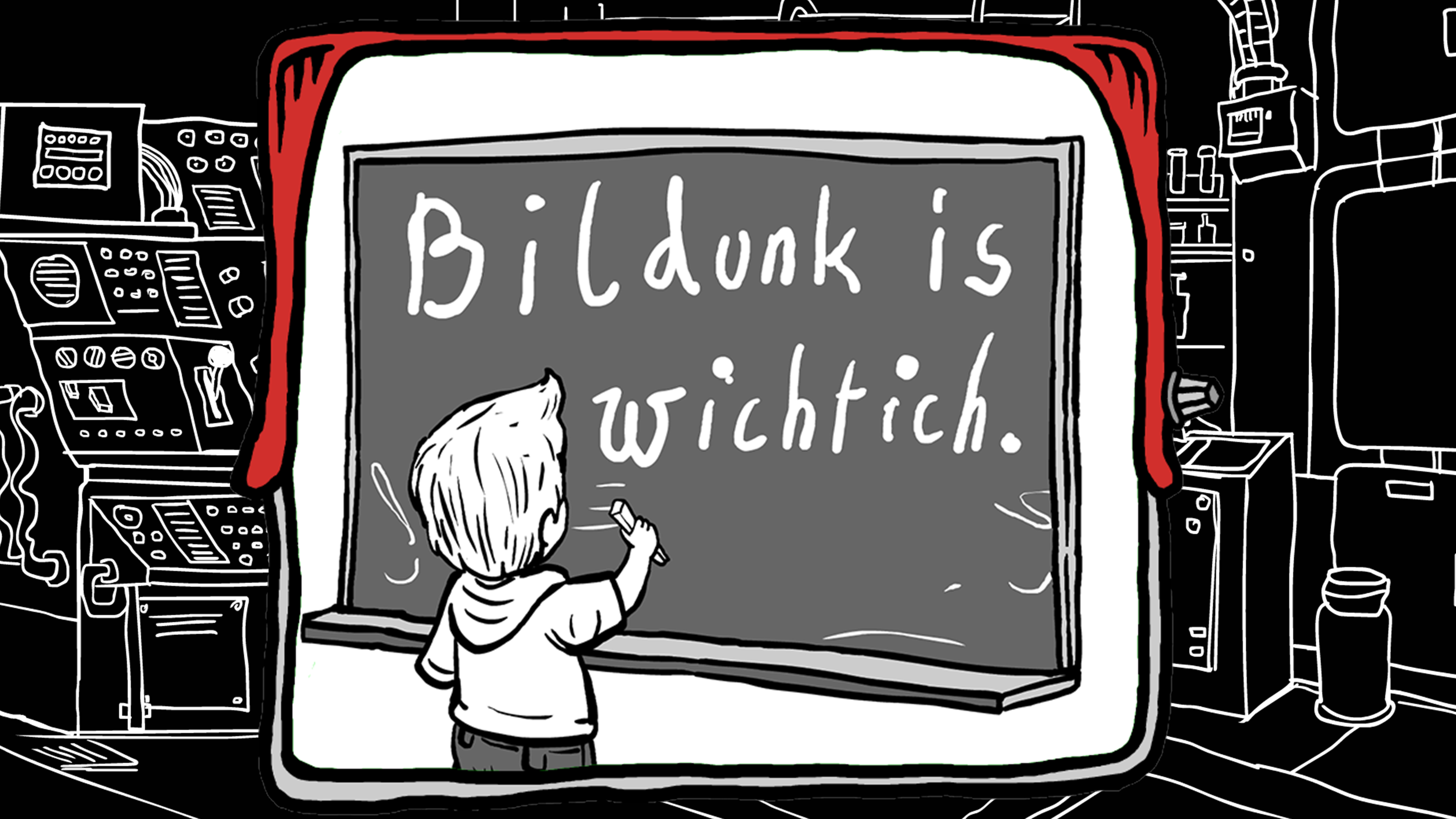 Zeichnung: Fernsehmonitor zeigt Kind, das an die Tafel schreibt: "Bildunk is wichtich."
