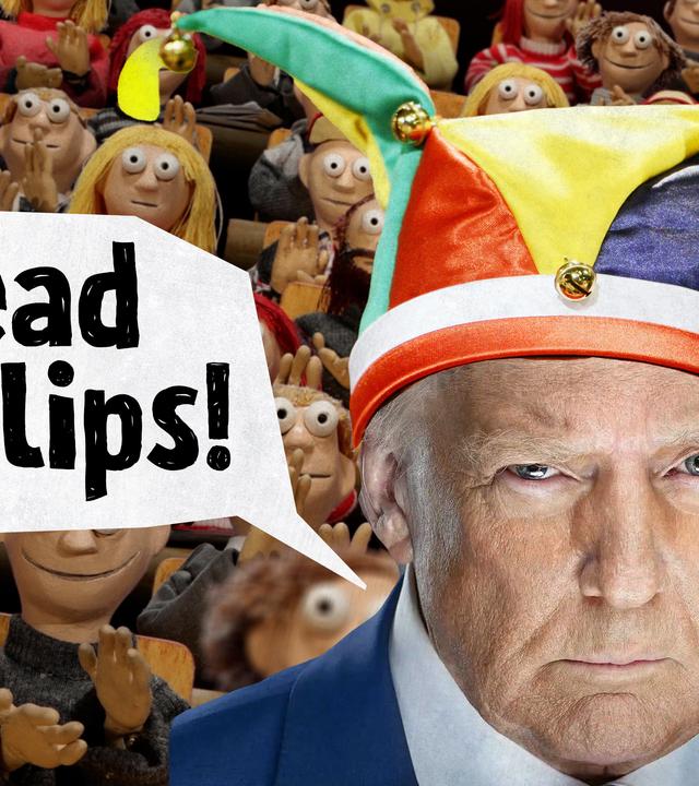 Montage: Donalt Trump mit Narrenkappe ; Sprechblase mit Text: Read my lips!