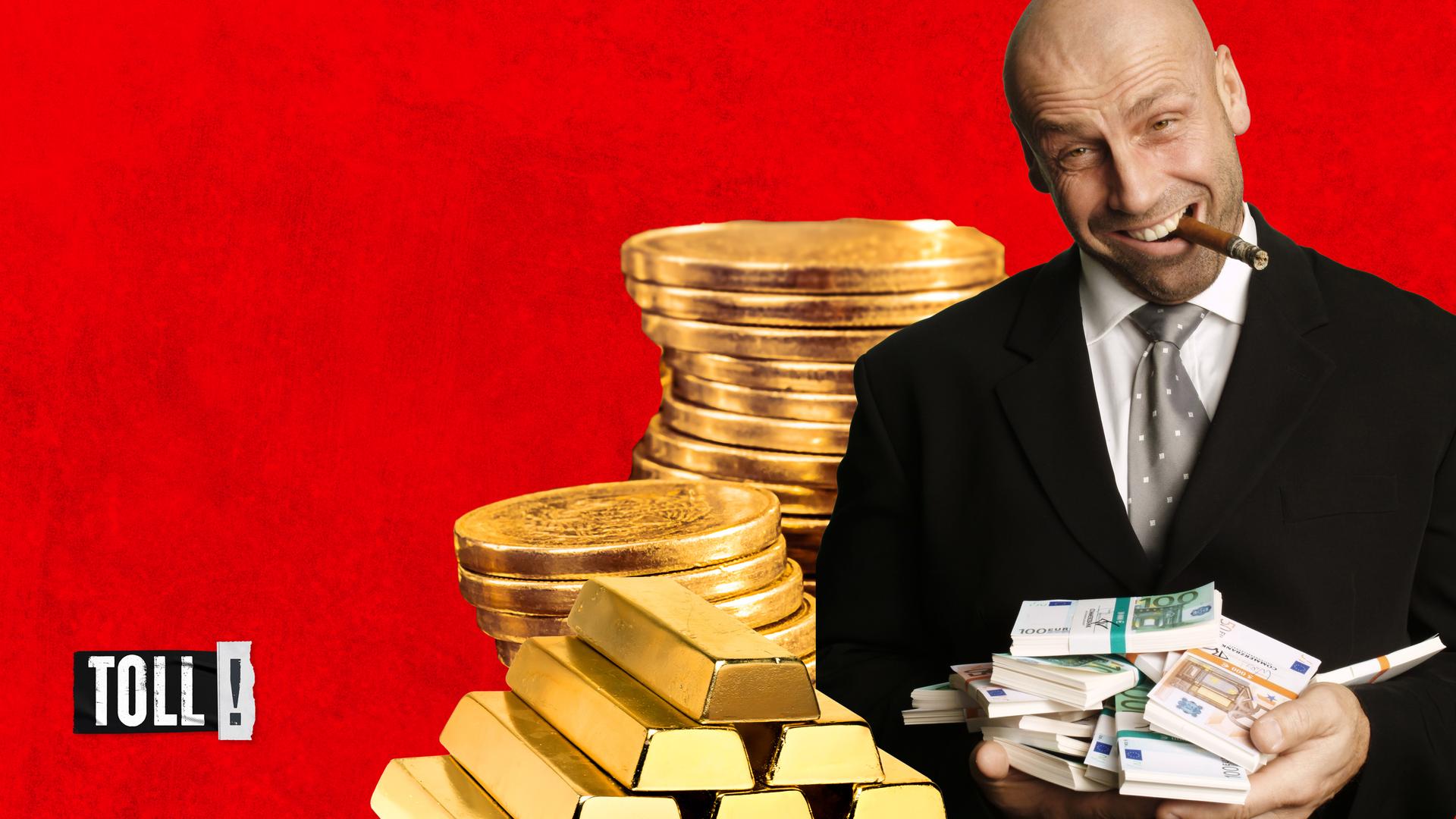 Montage: Mann mit Zigarre im Mund hält viele Geldbündel in den Händen; Stapel aus Münzen, Stapel aus Goldbarren