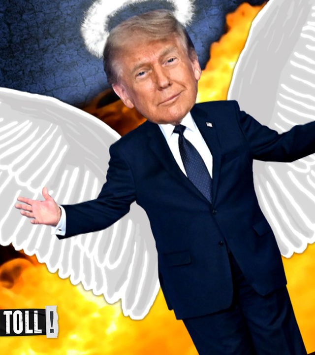 Montage: Donald Trump mit Engelsflügeln breitet Arme aus; Text in Sprechblase: Wir müssen Sie in die Luft jagen 