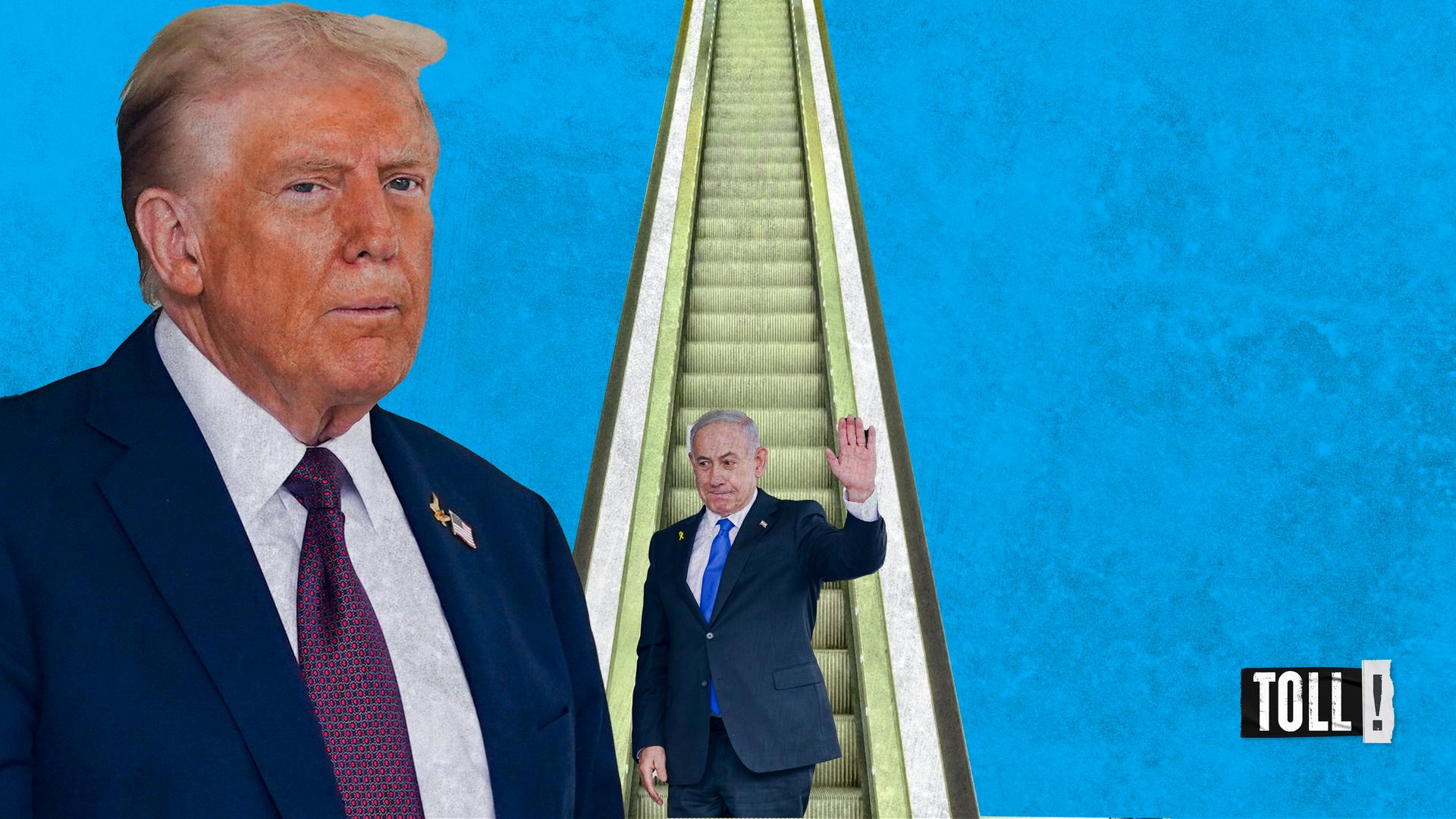 Montage: Donald Trump im Vordergrund, winkender Netanjahu vor Rolltreppe im Hintergrund