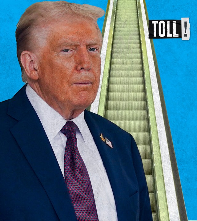 Montage: Donald Trump im Vordergrund, winkender Netanjahu vor Rolltreppe im Hintergrund