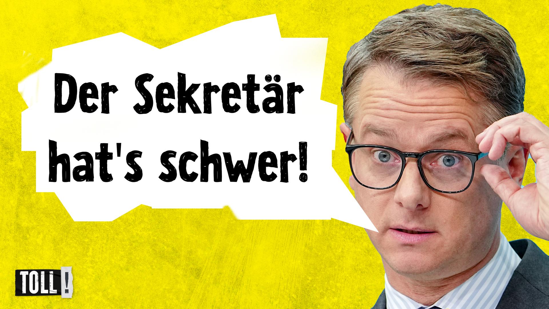 Montage: CDU-Generalsekretär Carsten Linnemann (rechts); Text in Sprechblase: Der Sekretär hat's schwer! (links)