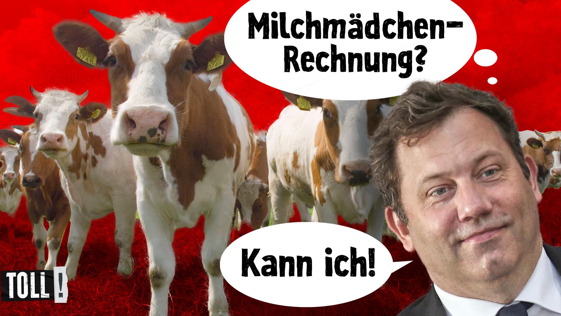 Montage: Kühe, davor Lars Klingbeil mit Sprechblasen: Milchmädchen-Rechnung?, Kann ich! 