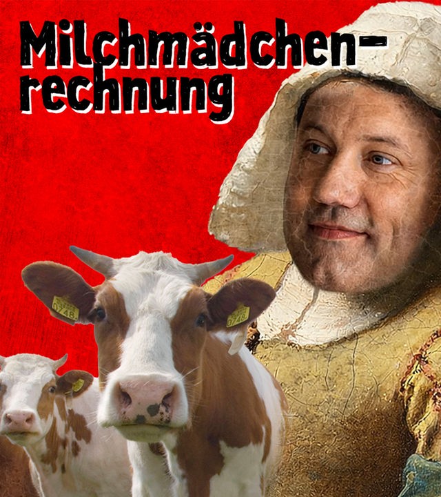 Montage: Kühe, davor Lars Klingbeil mit Sprechblasen: Milchmädchen-Rechnung?, Kann ich! 