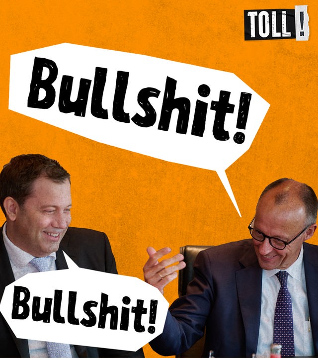 Montage: Bundesfinanzminister Lars Klingbeil (SPD) und Kanzler Friedrich Merz (CDU) mit "Bullshit"-Sprechblasen