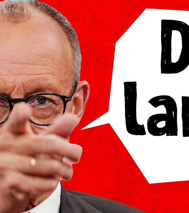 Montage: Friedrich Merz zeigt mit dem Finger in die Kamera; Sprechblase: "Da lang!"