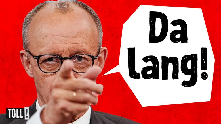 Montage: Friedrich Merz zeigt mit dem Finger in die Kamera; Sprechblase: "Da lang!"