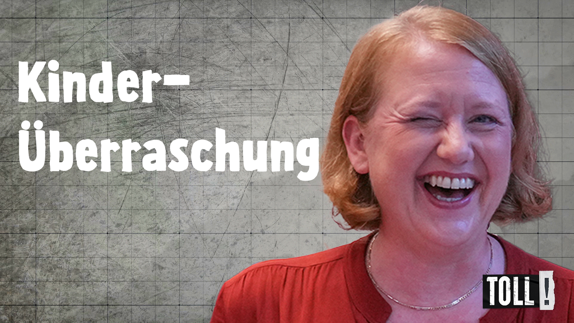 Bundesfamilienministerin lisa Paus lacht und drückt ein Auge zu; Text: Kinder-Überraschung