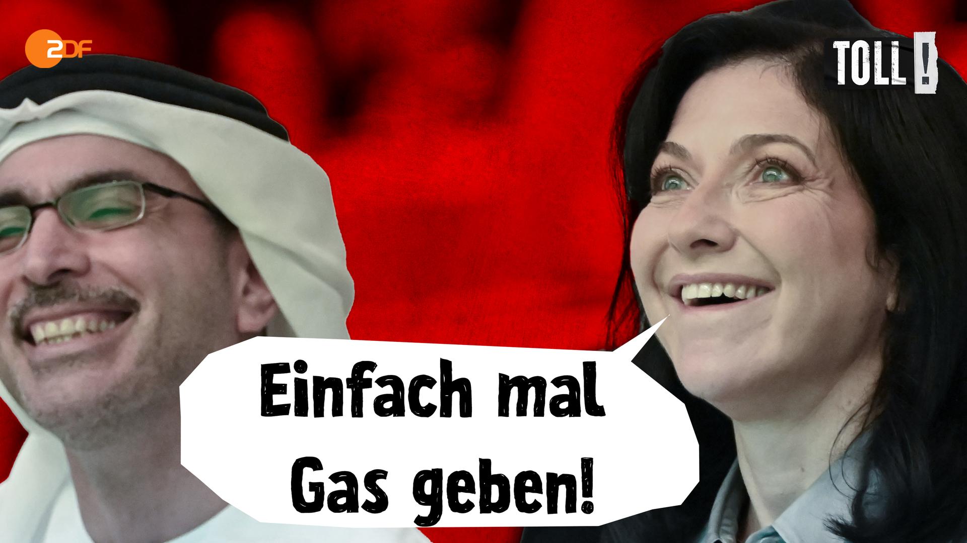 VAE-Industrieminister Sultan Ahmed Al Jabar und Katherina Reiche mit Sprechblase: Einfach mal Gas geben!
