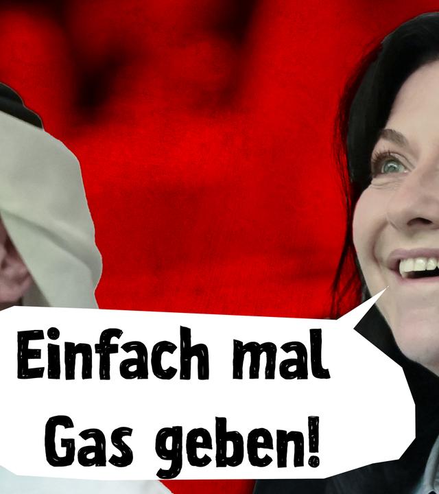 VAE-Industrieminister Sultan Ahmed Al Jabar und Katherina Reiche mit Sprechblase: Einfach mal Gas geben!