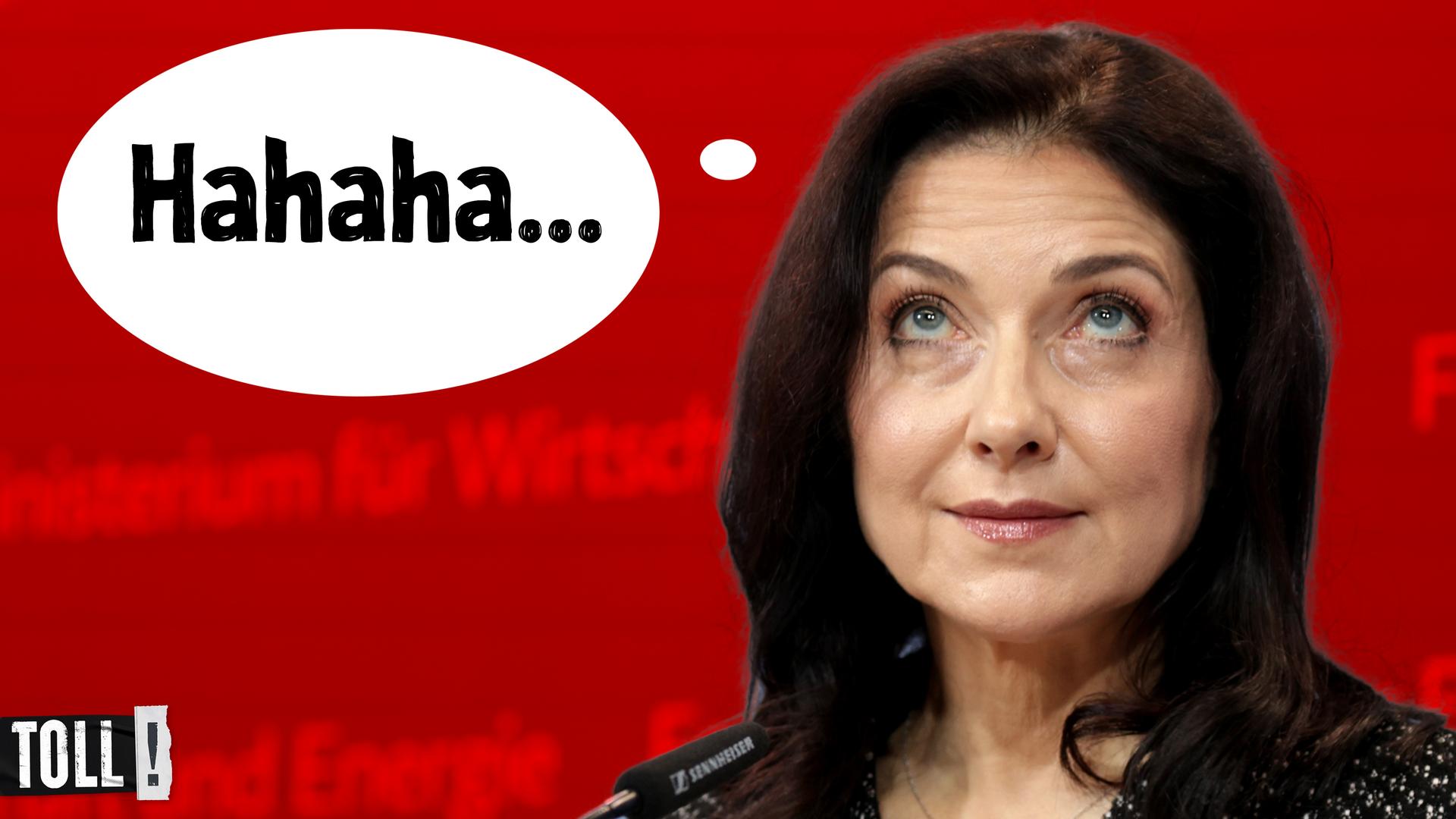 Bildmontage: Katherina Reiche, CDU, Bundesministerin für Wirtschaft und Energie, mit Blick nach oben (rechts) und Sprechblase "Hahaha ..." (links)