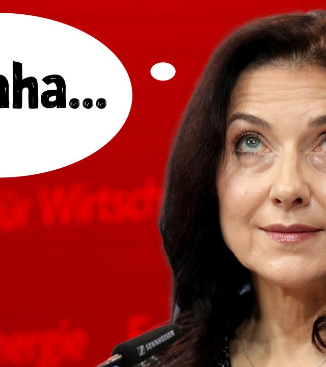 Bildmontage: Katherina Reiche, CDU, Bundesministerin für Wirtschaft und Energie, mit Blick nach oben (rechts) und Sprechblase "Hahaha ..." (links)