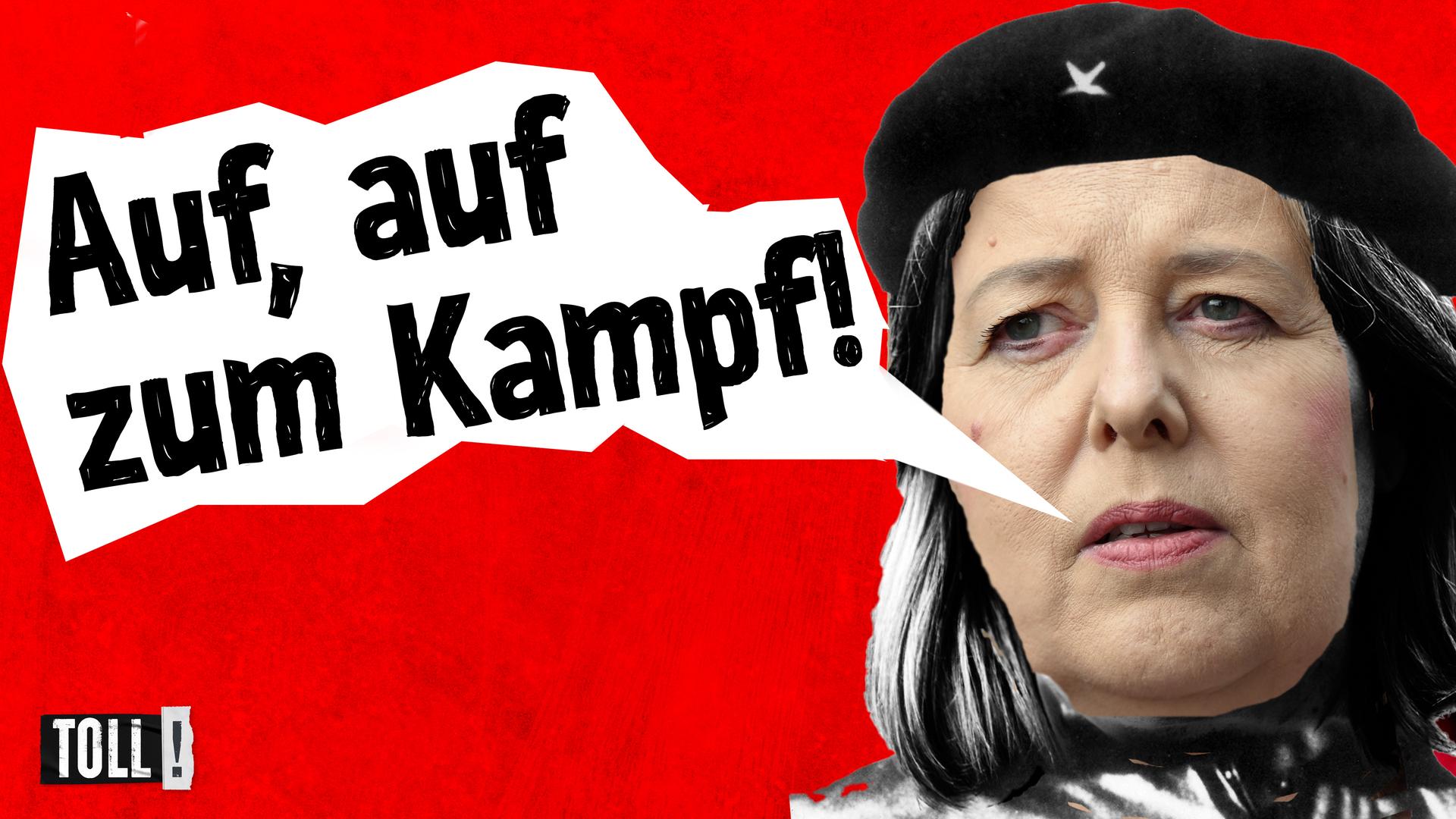 Montage: Bärbel Bas mit Che Guevara-Barett und Sprechblase: Auf, auf zum Kampf!